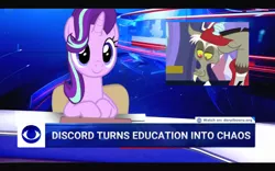 Size: 1084x677 | Tagged: safe, derpibooru import, edit, edited screencap, screencap, discord, starlight glimmer, draconequus, pony, unicorn, a matter of principals, chair, female, image, male, mare, meme, news, png, poland, ponified meme, reference, sitting, tvp, zbs