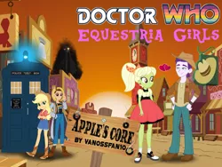 Size: 1280x960 | Tagged: safe, artist:mysterymelt, artist:vanossfan10, derpibooru import, applejack, dirk thistleweed, doctor whooves, granny smith, time turner, equestria girls, appaloosa, applejack's hat, assassin, cowboy hat, doctor who, hat, image, in love, jpeg, love, tardis, title, title card, young granny smith, younger