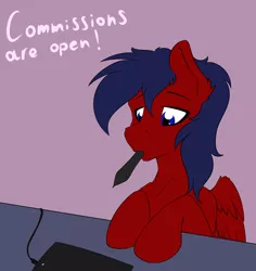 Size: 3400x3600 | Tagged: safe, artist:trast113, derpibooru import, oc, unofficial characters only, pegasus, pony, blue eyes, blue mane, commissions open, drawing tablet, ear fluff, eyebrows, high res, image, lidded eyes, male, mouth hold, pegasus oc, pen, png, purple background, simple background, solo, stallion, wings