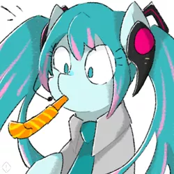 Size: 1280x1280 | Tagged: safe, artist:metaruscarlet, derpibooru import, kotobukiya, ponified, earth pony, pony, birthday, clothes, female, hatsune miku, headphones, image, kotobukiya hatsune miku pony, mare, necktie, party horn, png, shirt, simple background, solo, vocaloid, white background