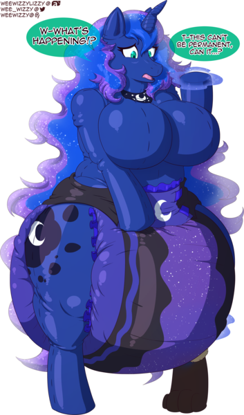 Size: 2856x4860 | Tagged: questionable, alternate version, artist:weewizzylizzy, derpibooru import, princess luna, oc, oc:luna del sol, alicorn, anthro, digitigrade anthro, unguligrade anthro, abdl, arm hooves, big breasts, breasts, busty princess luna, character to character, chubby, dialogue, diaper, diaper fetish, digital art, featureless breasts, female, fetish, floppy horn, furry, furry oc, furry to pony, high res, horn, huge breasts, image, inanimate tf, living doll, magic, namesake, open mouth, permanent, plushie, plushification, png, poofy diaper, pun, simple background, solo, solo female, speech bubble, spell gone wrong, stuttering, surprised, text, thighs, thunder thighs, transformation, transparent background, visual pun, wide hips, wingless, wingless anthro