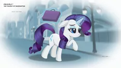 Size: 2560x1440 | Tagged: safe, artist:pearlymarshmallow, derpibooru import, rarity, pony, unicorn, rarity takes manehattan, blue background, city, downtown, exhausted, image, looking down, luggage, magic, magic aura, manehattan, ok computer, png, radiohead, rarity day, running, sad, simple background, social alienation, solo, suitcase, the tourist, tired, tourist, work