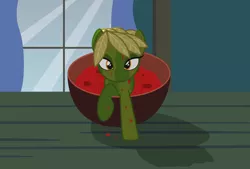 Size: 3300x2233 | Tagged: safe, artist:badumsquish, derpibooru import, ponified, food pony, monster pony, original species, plant pony, pony, bowl, crawling, dark, derpibooru exclusive, female, food, image, leaves, looking at you, mare, pickle, pickle rick, plant, png, raised hoof, rick and morty, shadow, smiling, smirk, solen'ya, solo, soup, table, window