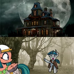 Size: 3464x3464 | Tagged: artist needed, safe, derpibooru import, idw, somnambula, stygian, pegasus, pony, unicorn, female, forest, haunted house, image, jpeg, male, mare, moon, night, stallion, tree