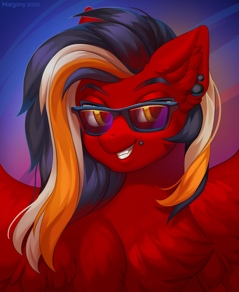 Size: 980x1200 | Tagged: safe, artist:margony, derpibooru import, oc, unofficial characters only, pegasus, pony, ear piercing, hair, image, pegasus oc, piercing, png, solo, sunglasses, wings