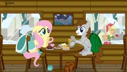 Size: 4447x2501 | Tagged: safe, artist:gutovi, derpibooru import, applejack, fluttershy, oc, oc:darvise, pony, boots, cake, chocolate, clothes, coat, cookie, food, hot chocolate, image, png, sandwich, shoes, snow, tea, winter outfit