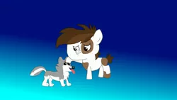 Size: 3264x1836 | Tagged: safe, artist:the double u, derpibooru import, pipsqueak, oc, oc:arrow, earth pony, wolf, fanfic:the six knights of the night, alternate universe, foal, image, jpeg, pet, petting, wolfpup