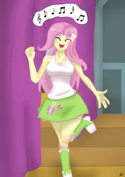 Size: 2630x3717 | Tagged: safe, alternate version, artist:lennondash, derpibooru import, fluttershy, equestria girls, breasts, busty fluttershy, cute, eyes closed, image, open mouth, open smile, png, raised leg, shyabetes, singing, smiling