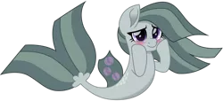 Size: 1280x582 | Tagged: safe, artist:cloudyglow, derpibooru import, marble pie, earth pony, pony, seapony (g4), blushing, dorsal fin, eyelashes, female, fish tail, flowing mane, flowing tail, gray mane, hooves on cheeks, image, movie accurate, png, purple eyes, seaponified, simple background, smiling, solo, species swap, tail, transparent background