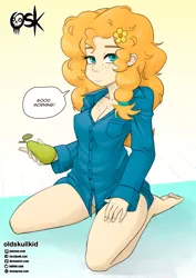 Size: 1359x1915 | Tagged: suggestive, artist:oldskullkid, derpibooru import, pear butter, equestria girls, breasts, cleavage, clothes, dialogue, equestria girls-ified, food, freckles, fruit, image, jpeg, kneeling, looking at you, panties, pear, smiling, smiling at you, speech bubble, underwear