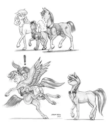 Size: 1029x1200 | Tagged: safe, artist:baron engel, derpibooru import, oc, oc:lily dancer, oc:marigold, oc:raindrop, oc:rivet, oc:stone mane (baron engel), unofficial characters only, earth pony, pegasus, pony, black and white, bow, bowtie, braid, clothes, colt, dreamscape, exclamation point, female, filly, glasses, grayscale, hair bow, hug, image, jewelry, jpeg, male, mare, monochrome, necklace, pencil drawing, shirt, simple background, stallion, story included, traditional art, vest, white background