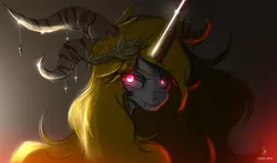 Size: 1226x720 | Tagged: safe, artist:zidanemina, derpibooru import, oc, oc:infernia, unicorn, blonde, bust, extra horns, horn, image, jpeg, multiple horns, pink eyes, portrait, scary face, shiny eyes, smiling, solo, tricorn