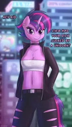 Size: 2000x3500 | Tagged: suggestive, alternate version, artist:irisarco, derpibooru import, twilight sparkle, anthro, unicorn, alternate hairstyle, ass, belly button, belly piercing, belt, blurry background, breasts, butt, chest fluff, choker, city, cleavage, clothes, cyberpunk, dialogue, ear fluff, ear piercing, eyeshadow, female, front view, hand in pocket, hands in pockets, horn, image, jacket, latex, leather jacket, lidded eyes, looking at you, makeup, night, open jacket, outdoors, pants, piercing, png, punk, punklight sparkle, short hair, short shirt, smiling, solo, solo female, standing, tail, talking to viewer, text, torn clothes, unicorn twilight, watermark