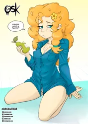 Size: 1359x1915 | Tagged: suggestive, alternate version, artist:oldskullkid, derpibooru import, pear butter, equestria girls, biting, breasts, cleavage, clothes, dialogue, eating, equestria girls-ified, food, freckles, fruit, image, jpeg, kneeling, looking at you, panties, pear, smiling, smiling at you, speech bubble, talking to viewer, underwear