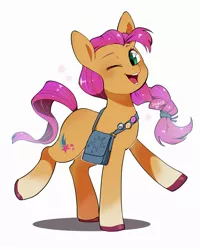 Size: 2000x2500 | Tagged: safe, artist:potetecyu_to, derpibooru import, sunny starscout, earth pony, pony, badge, bag, female, fluttershy's cutie mark, g5, image, jpeg, looking at you, mare, one eye closed, open mouth, open smile, rainbow dash's cutie mark, raised leg, satchel, simple background, smiling, smiling at you, solo, standing on two hooves, twilight sparkle's cutie mark, white background, wink, winking at you