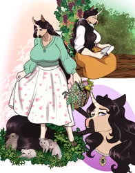 Size: 1764x2253 | Tagged: safe, artist:blackblood-queen, derpibooru import, oc, oc:beryl lovegreen, unofficial characters only, anthro, pig, pony, unguligrade anthro, unicorn, anthro oc, basket, big breasts, blouse, book, bouquet of flowers, breasts, cloven hooves, curved horn, digital art, female, flower, food, grandmother, grapes, horn, image, leonine tail, looking down, mare, png, reading, smiling, unicorn oc
