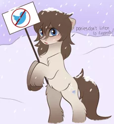 Size: 3115x3387 | Tagged: safe, artist:vetta, banned from derpibooru, deleted from derpibooru, edit, editor:edits of hate, oc, oc:frosty flakes, unofficial characters only, pony, taiga pony, bipedal, blushing, chest fluff, female, fluffy, image, looking at you, mare, meta, png, sign, solo, twitter, twitter bird, unshorn fetlocks