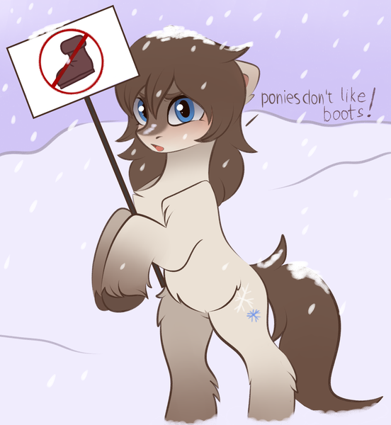 Size: 3115x3387 | Tagged: safe, artist:vetta, edit, editor:edits of hate, oc, oc:frosty flakes, unofficial characters only, pony, taiga pony, bipedal, blushing, boot, chest fluff, female, fluffy, image, looking at you, mare, meta, png, sign, solo, unshorn fetlocks