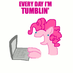 Size: 500x500 | Tagged: safe, artist:askpinkiepieandfriends, derpibooru import, pinkie pie, earth pony, pony, animated, computer, female, gif, image, laptop computer, mare, open mouth, open smile, simple background, smiling, solo, tumblr, white background