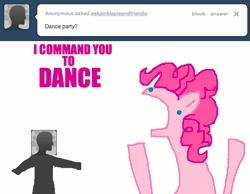Size: 643x500 | Tagged: safe, artist:askpinkiepieandfriends, derpibooru import, pinkie pie, oc, oc:anon, pony, animated, ask, dancing, duo, female, flailing, gif, image, mare, simple background, tumblr, white background