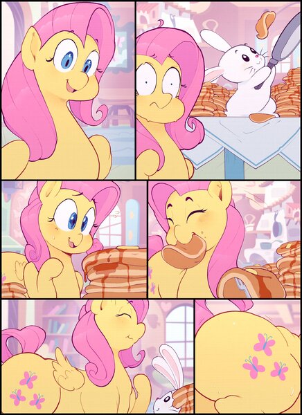 Size: 2978x4096 | Tagged: suggestive, artist:secretgoombaman12345, artist:sugarrushplus, derpibooru import, part of a set, angel bunny, fluttershy, pegasus, pony, rabbit, animal, aside glance, butt, butt expansion, butter, comic, cooking, duo, eating, eyes closed, fat, fattershy, female, flutterbutt, fluttershy's cottage, food, grin, growth, high res, image, jpeg, large butt, looking at you, male, nervous, nervous grin, pancakes, part of a series, shrunken pupils, sideways glance, skillet, smiling, surprised, syrup, table, weight gain, weight gain sequence