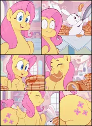 Size: 2978x4096 | Tagged: suggestive, artist:secretgoombaman12345, artist:sugarrushplus, derpibooru import, part of a set, angel bunny, fluttershy, pegasus, pony, rabbit, animal, aside glance, butt, butt expansion, butter, comic, cooking, duo, eating, eyes closed, fat, fattershy, female, flutterbutt, fluttershy's cottage, food, grin, growth, high res, image, jpeg, large butt, looking at you, male, nervous, nervous grin, pancakes, part of a series, shrunken pupils, sideways glance, skillet, smiling, surprised, syrup, table, weight gain, weight gain sequence