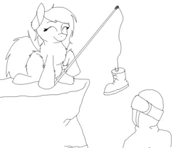 Size: 2411x2019 | Tagged: safe, artist:anonymous, derpibooru import, oc, oc:anon, unofficial characters only, human, pony, taiga pony, /mlp/, bait, black and white, boot, chest fluff, duo, eyes closed, female, fishing rod, fluffy, grayscale, hoof hold, image, mare, monochrome, png, reaction image, simple background, smiling, this is bait, white background