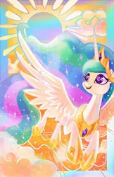 Size: 1324x2048 | Tagged: safe, artist:sophillia, derpibooru import, princess celestia, alicorn, pony, cloud, colored pupils, female, flying, image, jpeg, mare, open mouth, solo, spread wings, sun, wings