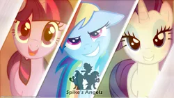 Size: 1366x768 | Tagged: safe, artist:saturdaymorningproj, derpibooru import, rainbow dash, rarity, spike, twilight sparkle, pony, charlie's angels, image, jpeg, parody, wallpaper