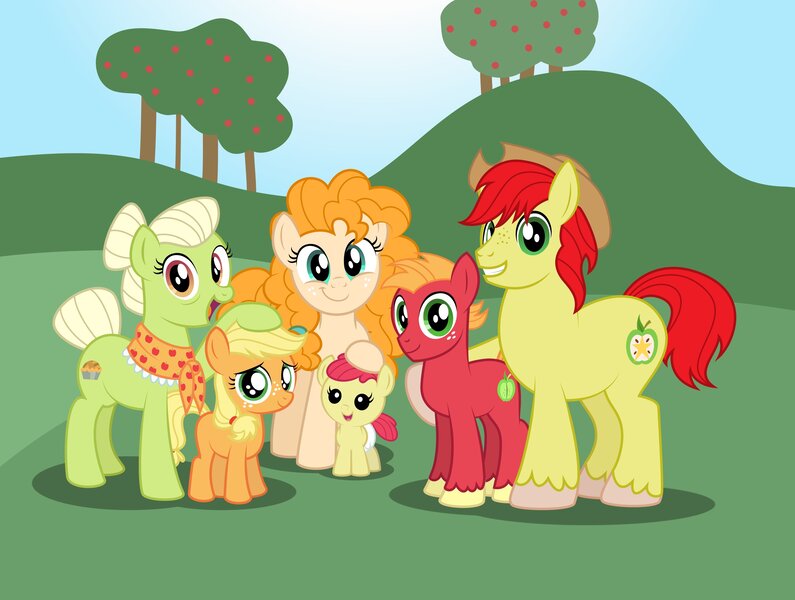 Size: 3120x2355 | Tagged: safe, artist:aleximusprime, derpibooru import, apple bloom, applejack, big macintosh, bright mac, granny smith, pear butter, earth pony, pony, flurry heart's story, apple, apple family, apple tree, baby, baby apple bloom, blank flank, bright mac's hat, colt, colt big macintosh, family photo, father and child, father and daughter, father and son, female, filly, filly applejack, food, granny smith's shawl, hoof on head, image, jpeg, male, mare, mother and child, mother and daughter, mother and son, smiling, stallion, tree, younger