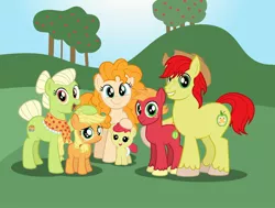 Size: 3120x2355 | Tagged: safe, artist:aleximusprime, derpibooru import, apple bloom, applejack, big macintosh, bright mac, granny smith, pear butter, earth pony, pony, flurry heart's story, apple, apple family, apple tree, baby, baby apple bloom, blank flank, bright mac's hat, colt, colt big macintosh, family photo, father and child, father and daughter, father and son, female, filly, filly applejack, food, granny smith's shawl, hoof on head, image, jpeg, male, mare, mother and child, mother and daughter, mother and son, smiling, stallion, tree, younger