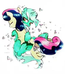 Size: 2636x3010 | Tagged: safe, artist:liaaqila, derpibooru import, part of a set, bon bon, lyra heartstrings, sweetie drops, earth pony, pony, unicorn, commission, derpibooru exclusive, disintegration, fanfic art, female, hug, image, jpeg, lesbian, lyrabon, mare, sad, shipping