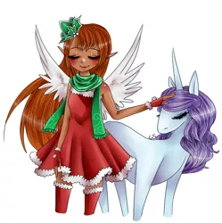 Size: 867x871 | Tagged: safe, artist:libragrey, derpibooru import, oc, unofficial characters only, human, pony, unicorn, clothes, dark skin, dress, duo, female, horn, image, jpeg, petting, scarf, simple background, smiling, unicorn oc, white background, wings