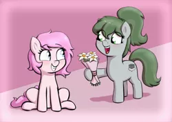 Size: 2325x1647 | Tagged: safe, artist:heretichesh, derpibooru import, oc, unofficial characters only, earth pony, pony, blushing, bouquet, duo, female, filly, flower, hoof hold, image, jpeg, looking at each other, open mouth, open smile, smiling