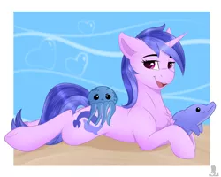 Size: 2500x2000 | Tagged: safe, artist:monsoonvisionz, derpibooru import, sea swirl, seafoam, dolphin, octopus, pony, unicorn, background pony, commission, cute, female, image, lying down, mare, on stomach, plushie, png, prone, smiling, solo