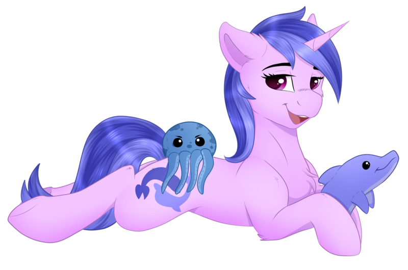 Size: 2497x1653 | Tagged: safe, alternate version, artist:monsoonvisionz, derpibooru import, sea swirl, seafoam, dolphin, octopus, pony, unicorn, background pony, commission, cute, female, image, lying down, mare, on stomach, plushie, png, prone, simple background, smiling, solo, transparent background