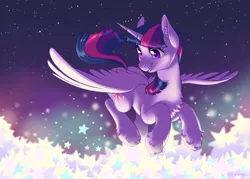Size: 4634x3309 | Tagged: safe, artist:taytinabelle, derpibooru import, twilight sparkle, twilight sparkle (alicorn), alicorn, pony, abstract background, beautiful, chest fluff, cute, ear fluff, female, flying, happy, image, lighting, looking down, mare, png, shiny eyes, smiling, solo, spread wings, stars, unshorn fetlocks, wings