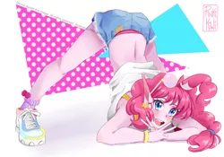 Size: 1544x1080 | Tagged: safe, artist:pinkikiwi, derpibooru import, pinkie pie, human, abstract background, elf ears, face down ass up, female, humanized, image, jacko challenge, jpeg, meme, pony coloring, solo