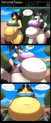 Size: 2070x4920 | Tagged: suggestive, artist:thedrunkcoyote, derpibooru import, oc, oc:amber steel, unofficial characters only, anthro, raccoon, unicorn, bedroom eyes, belly, belly button, big belly, big breasts, breasts, clothes, comic, dialogue, digital art, duo, duo female, female, food baby, furry, furry oc, gritted teeth, horn, huge breasts, image, jpeg, looking down, one eye closed, shorts, speech bubble, sports bra, stomach noise, tail, talking, text
