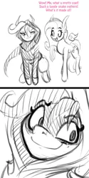 Size: 1000x1998 | Tagged: safe, artist:lil miss jay, derpibooru import, fluttershy, oc, oc:snake eyes, pegasus, clothes, comic, dialogue, floating wings, hoodie, image, impending disaster, jpeg, wings