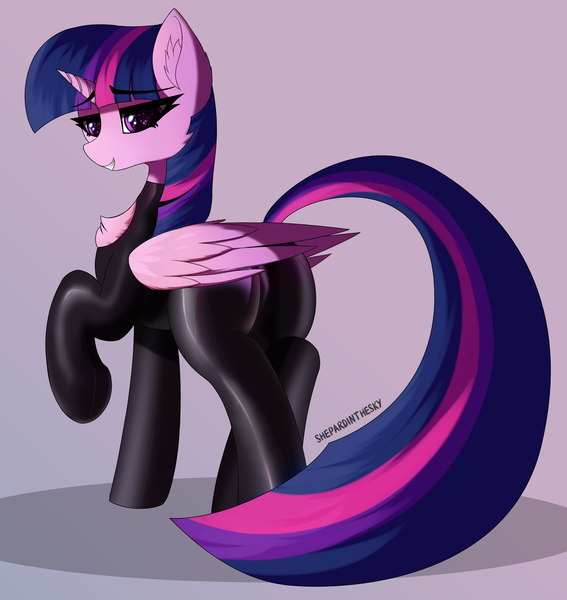 Size: 2703x2860 | Tagged: questionable, artist:shepardinthesky, derpibooru import, twilight sparkle, twilight sparkle (alicorn), alicorn, pony, butt, chest fluff, ear fluff, female, image, latex, latex suit, looking at you, looking back, looking back at you, mare, open mouth, png, presenting, rear view, simple background, smug, solo, wings