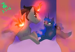 Size: 2000x1400 | Tagged: safe, artist:joan-grace, derpibooru import, king sombra, princess luna, alicorn, pony, unicorn, bed, bedroom, bedroom eyes, ethereal mane, female, glowing horn, horn, image, looking at each other, lumbra, lying down, magic, male, mare, png, prone, shipping, signature, smiling, starry mane, story included, straight, telekinesis