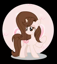 Size: 1168x1312 | Tagged: safe, artist:amicasecretuwu, derpibooru import, oc, oc:melody notes, unofficial characters only, pony, unicorn, artificial wings, augmented, brown eyes, brown mane, female, horn, image, magic, magic wings, mare, png, raised hoof, smiling, solo, standing, unicorn oc, wings