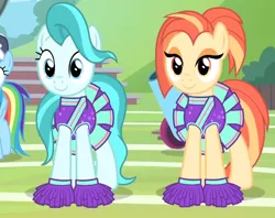 Size: 646x512 | Tagged: safe, derpibooru import, screencap, lighthoof, rainbow dash, shimmy shake, earth pony, pegasus, pony, 2 4 6 greaaat, season 9, spoiler:s09, blue eyes, cheerleader, cheerleader outfit, clothes, cropped, female, folded wings, image, mare, offscreen character, orange eyes, png, shadow, standing, wings