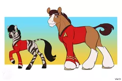 Size: 1280x854 | Tagged: safe, artist:will-owl-the-wisp, derpibooru import, ponified, earth pony, pony, zebra, clothes, duo, female, height difference, image, male, mare, png, scotty, stallion, star trek, uhura, uniform
