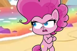 Size: 1499x999 | Tagged: safe, derpibooru import, screencap, pinkie pie, earth pony, pony, my little pony: pony life, pie vs. pie, spoiler:pony life s01e23, angry, beach, bipedal, female, image, open mouth, pinkie pie is not amused, png, potion ocean, solo, unamused