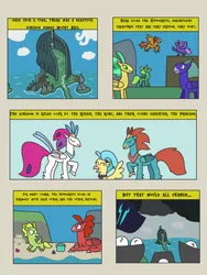 Size: 2448x3264 | Tagged: safe, artist:supahdonarudo, derpibooru import, princess skystar, queen novo, oc, oc:king waverider, classical hippogriff, hippogriff, comic:the day the mountain fell, my little pony: the movie, airship, background hippogriff, beach, cloud, comic, dark clouds, image, imminent invasion, mount aris, png, style emulation