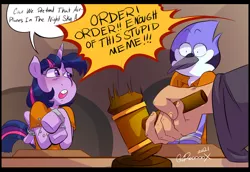 Size: 1280x879 | Tagged: safe, artist:rooooox, derpibooru import, twilight sparkle, human, airplanes (song), bound wings, chained, clothes, courtroom, crossover, crossover shipping, cuffs, female, gavel, hand, image, jpeg, judge, male, meme, mordecai, mordetwi, prison outfit, redraw mordetwi meme, regular show, shipping, shocked, straight, text, wings