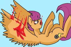 Size: 667x442 | Tagged: artist needed, grimdark, derpibooru import, scootaloo, pegasus, pony, abuse, alternate cutie mark, bad end, bad shading, base used, big ears, black outlines, blood, blood from mouth, bloodshot eyes, blue background, crying, cut, derpibooru exclusive, falling, fanart, female, food, image, imminent death, injured, injured wing, large wings, mare, my little pony, no source available, oh no, older, older scootaloo, orange, png, purple mane, purple tail, red eyes, sad, scootabuse, scootaloo's death, shading, shading practice, shocked, shocked expression, shocked eyes, shrunken pupils, simple background, solo, solo female, solo focus, spikey mane, tail, tears of pain, this will end in death, this will not end well, thunderbolt, wings, wrong cutie mark, wrong eye color