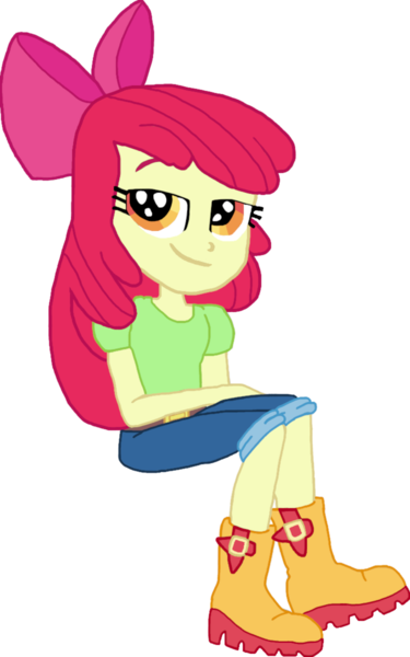 Size: 1000x1600 | Tagged: safe, artist:jebens1, artist:therandomone95, derpibooru import, apple bloom, equestria girls, apple bloom's bow, boots, bow, clothes, hair bow, image, jeans, looking at you, pants, png, shirt, shoes, sitting, smiling, smug, solo